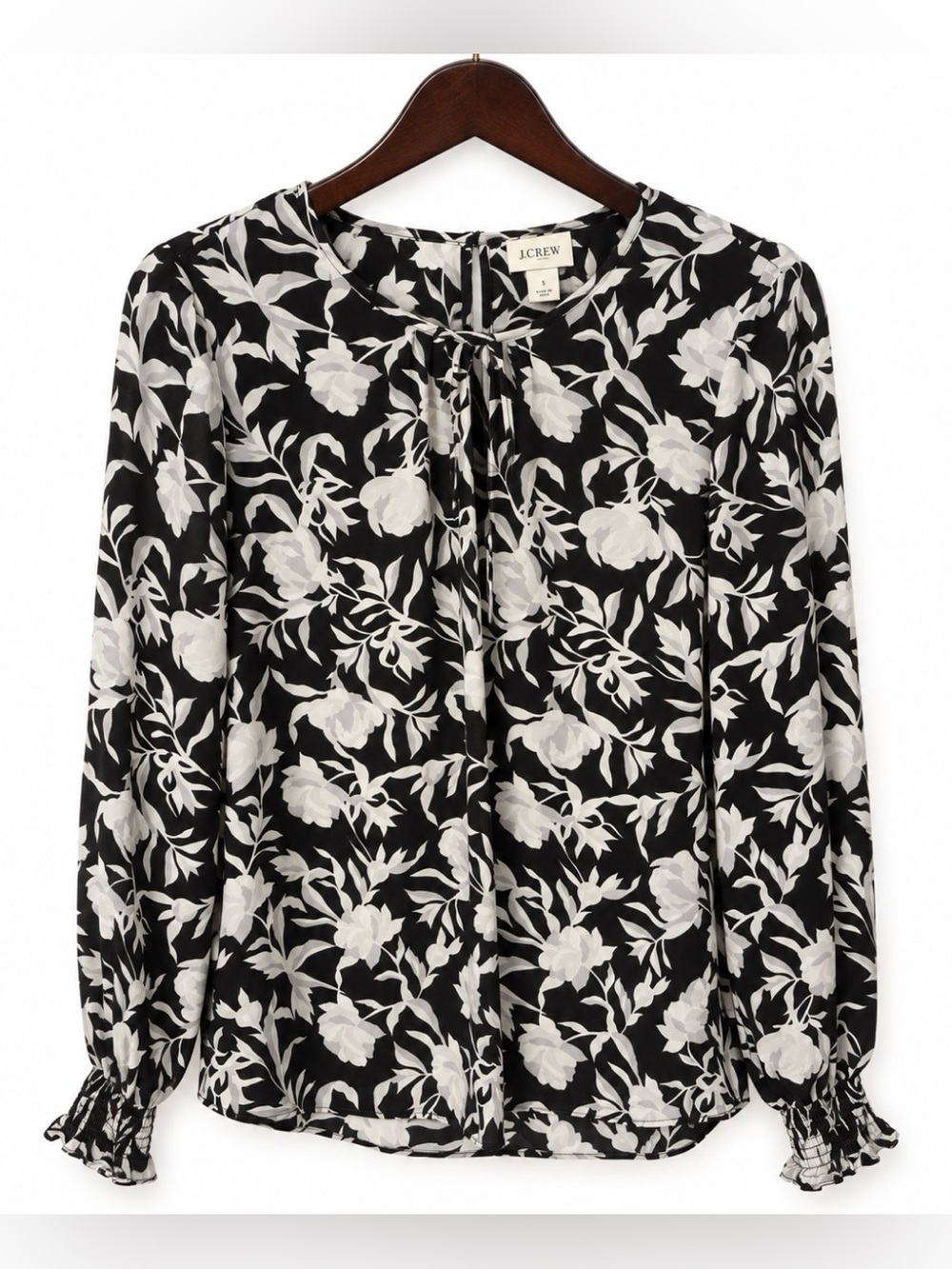 J. Crew Black and White Floral Tie-Neck Blouse